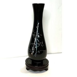 Vintage Mother-of-Pearl Inlay Wooden Black Lacquer Vase with stand